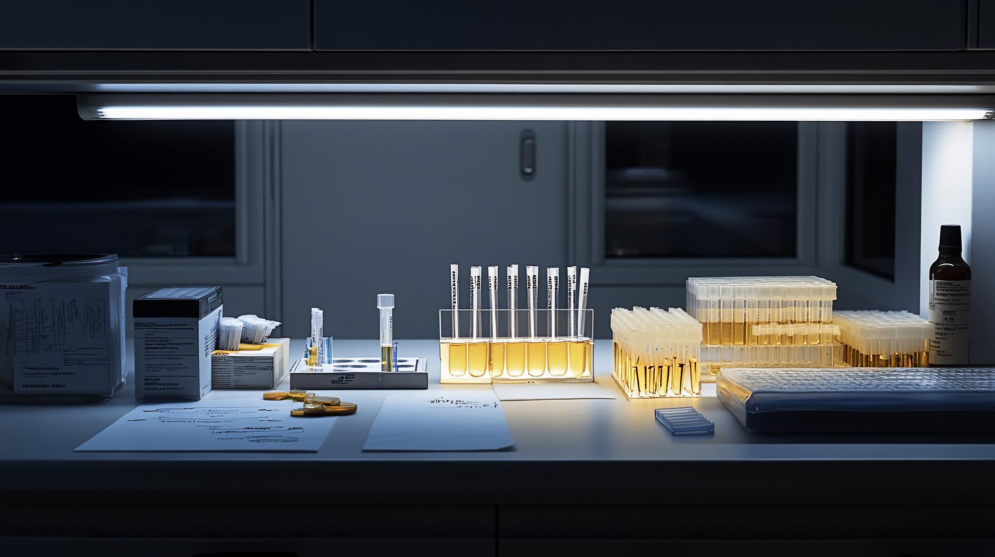Lab bench with jars and measuring tools under LED lights